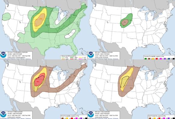 Scattered severe storms are likely across the central into northern Plains. Severe wind gusts and large hail are the main threats. Isolated damaging winds are also possible across parts of the Lower Great Lakes, Ohio River Valley, and the Northeast. #WeatherAwareDay #weather #wx #SPC #TheOutpost #SevereWeather 

Enhanced Risk of Severe Thunderstorms in the Plains; Flood Watches in Central Texas & the Mid-Atlantic
There is an enhanced risk of severe thunderstorms for portions of the Plains today. Severe wind gusts and damaging hail are the main threats. The remnants of Tropical Depression Chantal continue across the Mid-Atlantic. A Slight Risk of flash flooding is in effect for central Texas and the Mid-Atlantic. Additional flooding today may hamper recovery efforts in Texas