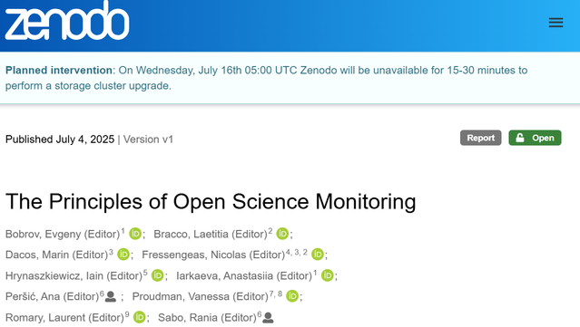 Screenshot of landing page of the Principles of open science monitoring on Zenodo, showing the title, publishing date (July 4, 2025) and authors