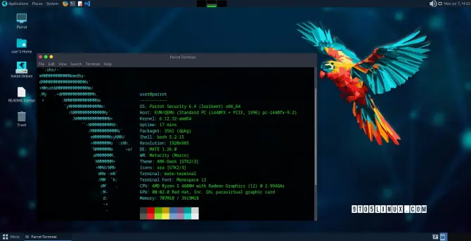 Screenshot of Parrot OS 6.2 showing the MATE Terminal with an output of the neofetch command.
