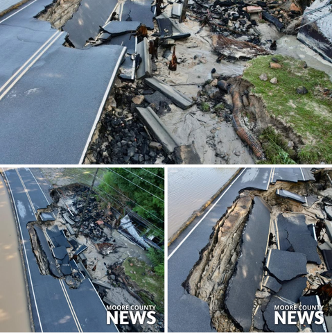 Pictures showing a large section of the Camp Easter Road dam and roadway has been washed out