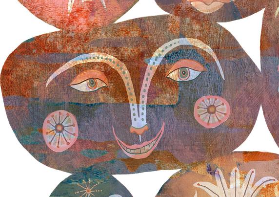 Various semi-abstract faces expressing varying emotions in a rainbow of colors and textures against a white background.