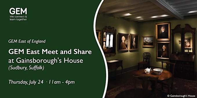A graphic where the left shows a dark green colour with the title of the event as well as details and the GEM logo. On the right, an image of the inside of Gainsborough's House, with green walls, dark wooden furnature and portraits.