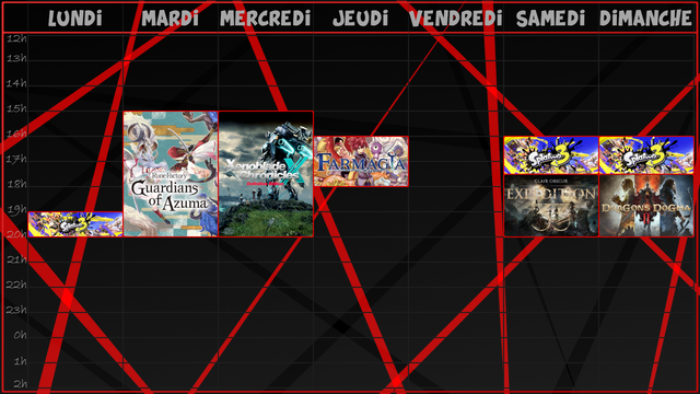-Lundi, de 19h jusqu'à 20h, petite session de Splatoon 3, y a un nouveau Splatfest qui arrive !
-Mardi, de 15h jusqu'à 20h,  Rune Factory Guardians of Azuma continue, on a masse de choses à faire !
-Mercredi, de 15h jusqu'à 20h, on fait ENFIN le chapitre 10 de Xenoblade Chronicles X Definitive Edition !
-Jeudi, de 16h jusqu'à 18h, on relance enfin Farmagia, ça faisait longtemps !
-Samedi, de 16h jusqu'à 17h30, nouveau Splatfest sur Splatoon 3, on s'attaque au Summer Fest 2025, avant de relancer de nouveau Clair Obscur Expédition 33 jusqu'à 20h !
-Et Dimanche, de 16h jusqu'à 17h30, l'habituel deuxième live sur Splatoon 3 avant de ressortir Dragon's Dogma II du placard pour la suite de l'histoire jusqu'à 20h !