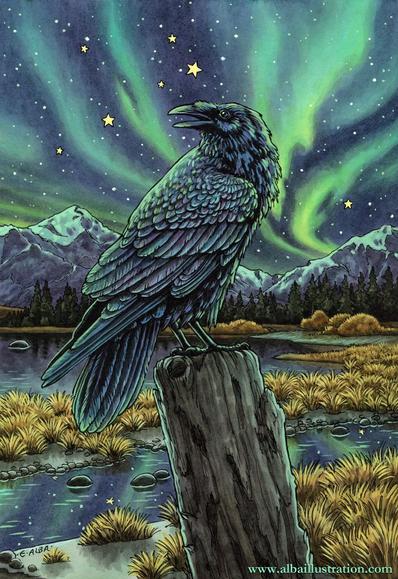 Ink, watercolor, and acryla gouache painting of a raven perched on a piece of wood. The background is a tundra landscape with snowcapped mountains and the aurora borealis in the sky.
