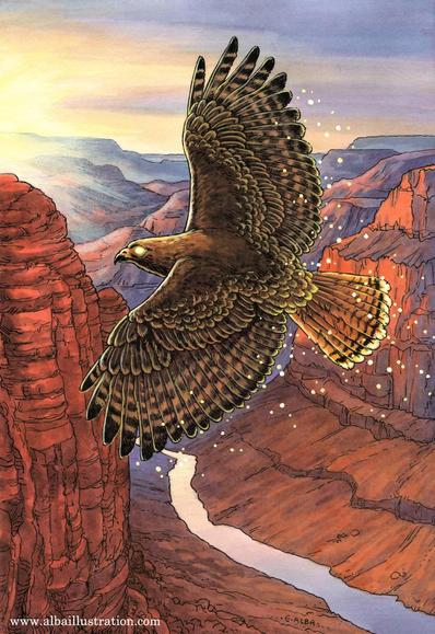 Ink, watercolor, and acryla gouache painting of a red-tailed hawk flying over red canyons, with a glowing eye and magical sparkles.