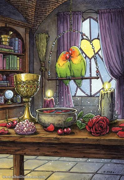 Ink, watercolor, and acryla gouache painting of a pair of lovebirds nuzzling above a table covered in witchy objects, in a castle interior.