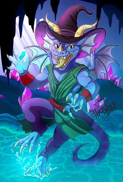 A vibrant digital illustration of a mischievous kobold character casting a glowing blue water spell. The creature has lavender to blue skin, large expressive yellow eyes, sharp teeth in a wide grin, and long fin-ears. It wears a tattered green tunic with a red sash, red arm bands, and a large crooked witch hat with curled tips and yellow horns poking through. The dragon's wings are spread behind it as it leaps through shallow water in a crystal-lit cave, splashing with one foot and holding a floating magical water orb in one hand. The background features glowing pink crystals, blue water, and cave formations. The artwork is signed “Hatwolf 2025” in the bottom right corner.