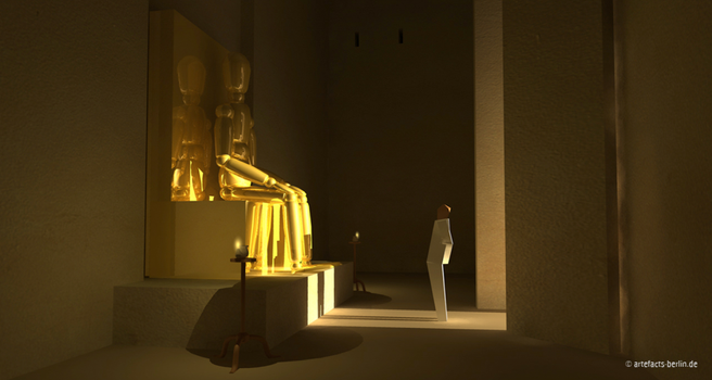 This image shows an example of the interior of a Mesopotamian temple. Light from the next room shines into the dimly lit cella. © artefacts-berlin.de