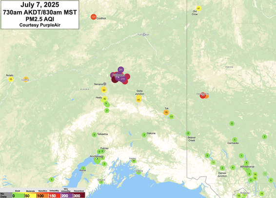 Map of Alaska and the Yukon Territory showing reported PM2.5 AQI values at about 730am AKDT/830am MST Monday, July 7, 2025.