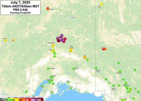 Map of Alaska and the Yukon Territory showing reported PM2.5 AQI values at about 730am AKDT/830am MST Monday, July 7, 2025.