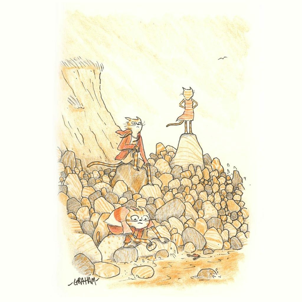 A cartoon illustration of a cat family hanging out on a breezy, rocky beach by the ocean.