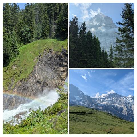 Das Bild besteht aus drei verschiedenen Szenen, die die Schönheit der Natur in einer Bergregion zeigen. Im linken Bild ist ein Wasserfall zu sehen, der aus einem felsigen Abgrund stürzt und einen Regenbogen erzeugt. Der Wasserfall ist von grünen Bäumen und einer bewaldeten Hänge umgeben. Im oberen rechten Bild ist ein majestätischer Berg mit einer schneebedeckten Spitze zu sehen, der von dichten Tannen umgeben ist. Der Himmel ist blau mit einigen weißen Wolken. Im unteren rechten Bild ist eine weite grüne Hügellandschaft mit schneebedeckten Bergen im Hintergrund zu sehen. Der Himmel ist klar und blau mit einigen weißen Wolken.