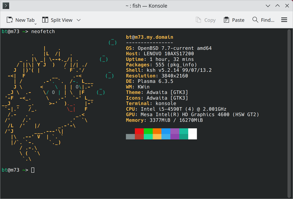 Image of a terminal on KDE plasma showing the stats of the current computer in neofetch.