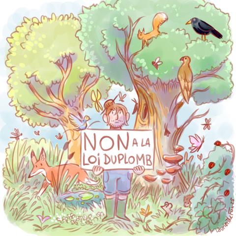 illustration d'une foret sauvage française avec des insectes, oiseaux, mammifères (renard, écureuil, lapin, hérisson, souris), étang, fleurs. Je me tiens au centre en portant une pancarte disant "Non à la loi Duplomb"