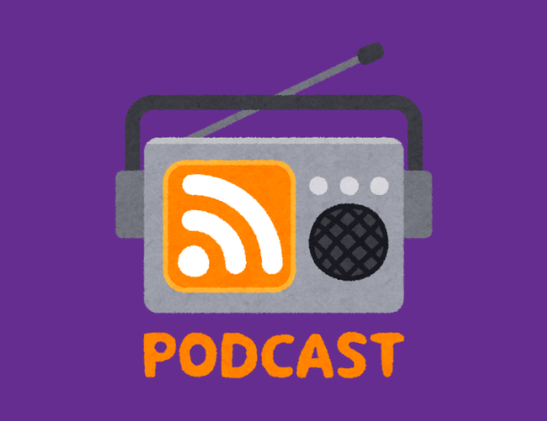 An illustration of a radio with the RSS logo incorporated in the radio and the text 'podcast' below the illustration.