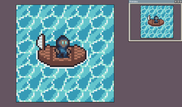 Pixel art of a character wearing blue clothes sitting on a boat in the middle of the ocean.
