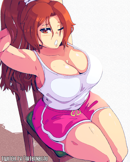 Digital Art. Mai Shiranui from SNK's Fatal Fury and King of Fighters series wearing her casual attire seen in Street Fighter 6. She is sitting on a chair with her arms stretching behind her head while yawning with one eye open. The lighting is warm with morning light.