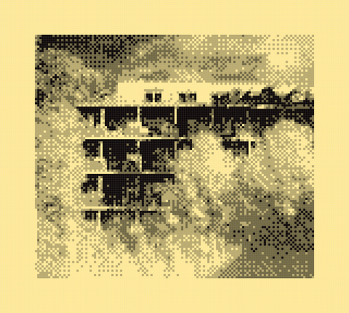 Photo of a large modern residential building, with trees around, on a sunny day, seen from the distance, highly pixelated