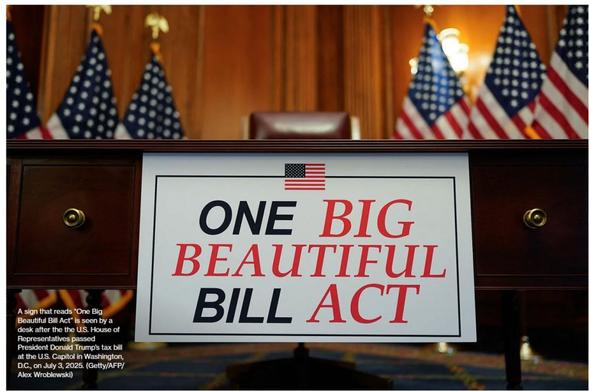 A sign reading 'One Big Beautiful Bill Act' placed on a desk in the U.S. Capitol, with American flags in the background.