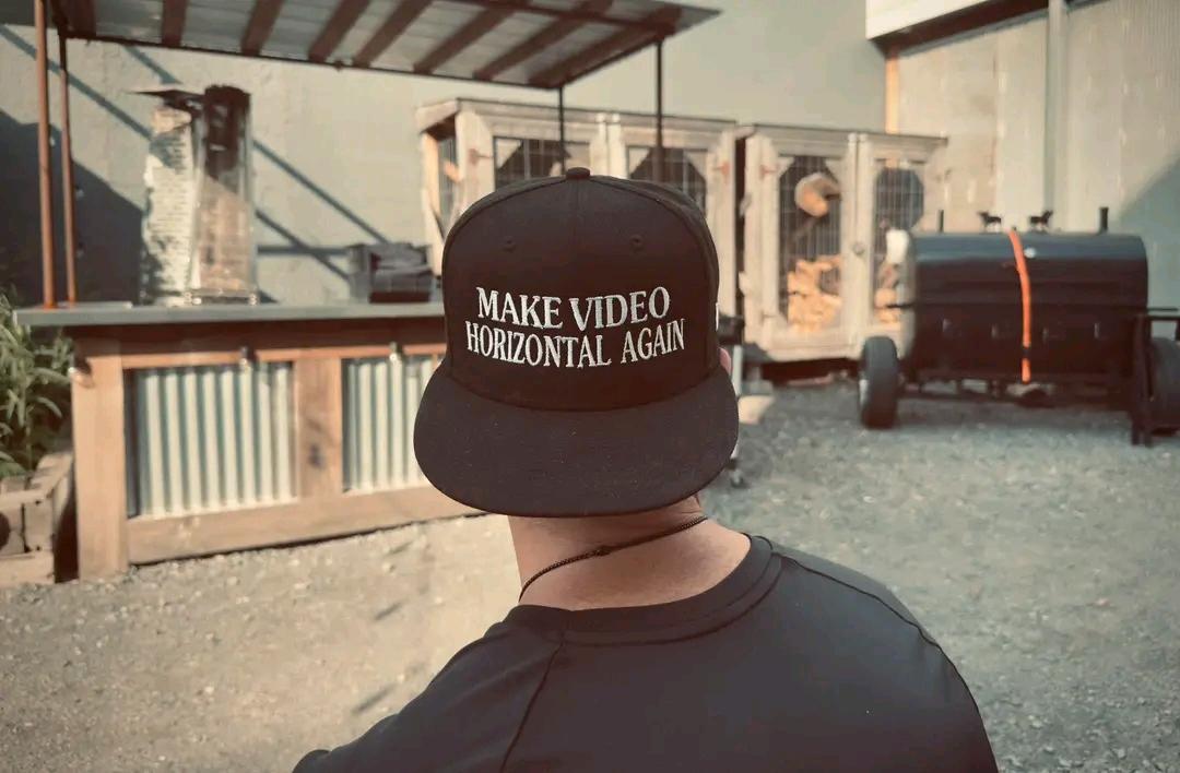 Back of a black ballcap reads: Make Videp Horizontal Again