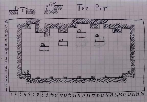 Photo of a paper notebook with a black pen sketch of a platformer level. The sides are numbered, horizontally and vertically, to mark the tiles coordinates. On the upper side a couple sketches indicate the height and length of the character's jump. The level is named "The Pit".