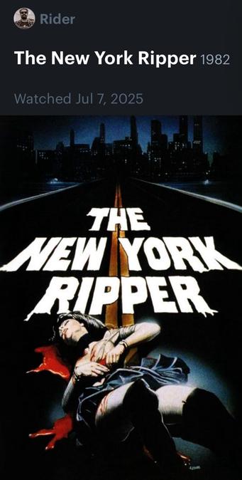 An unliked Letterboxd rating from indie horror author David Rider for The New York Ripper (1982) featuring the film’s poster