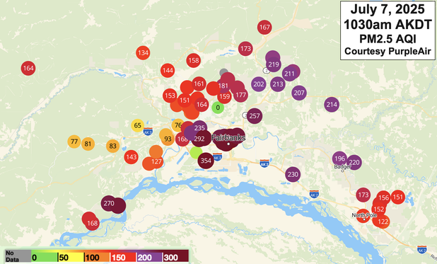 Map of the Fairbanks, Alaska area showing AQIs reported through the PurpleAir network as of about 1030am AKDT Monday July 7, 2025.