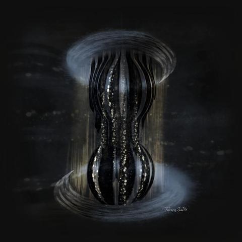 watercolour; dark abstract image with 2 rings, one at the top, one at the bottom; in-between are curved dark lines forming a structure like a sand hourglass, sparkling line dots randomly flow.
