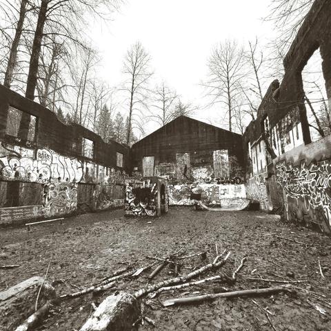 Monochrome, wide-angle shot of a ruined building. The building has a central gable roof and is open in the front. The walls are skeletal and covered in graffiti. Composition is centered, with the structure dominating the frame and dead trees in the top of the frame. Ground is covered in muddy debris and small branches. The sky is overcast and a dull grey. Graffiti includes text excerpts like "PESTO NEVER MOKA" and "DON'T FORGET".