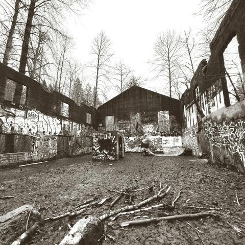 Monochrome, wide-angle shot of a ruined building. The building has a central gable roof and is open in the front. The walls are skeletal and covered in graffiti. Composition is centered, with the structure dominating the frame and dead trees in the top of the frame. Ground is covered in muddy debris and small branches. The sky is overcast and a dull grey. Graffiti includes text excerpts like "PESTO NEVER MOKA" and "DON'T FORGET".