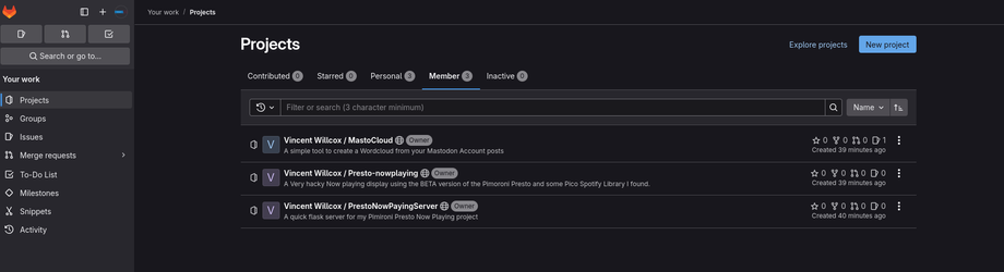 The image shows a web interface for managing projects, likely from a software development platform. The interface is dark-themed with a navigation menu on the left side, labeled "Your work," and options such as "Projects," "Groups," "Issues," "Merge requests," "To-Do List," "Stickers," "Snippets," and "Activity." The main section of the page is titled "Projects" and includes a search bar with a filter dropdown set to "Contributed." Below the search bar, there are three project entries, each with a name, a visibility icon, and a creation timestamp. The projects are associated with the user "Vincent Wilcox" and are named "MastoCloud," "PrestoNowplaying," and "PrestoNowPlayingServer." The timestamps indicate that the projects were created recently, with the most recent one being created 40 minutes ago. A "New project" button is visible in the top right corner, and there is a "Explore projects" link next to it.