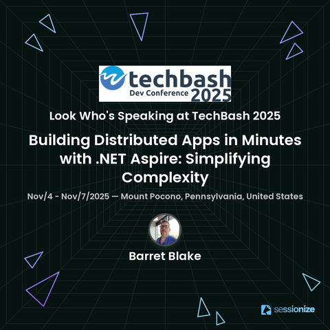 Session card for Barrett Blake's TechBash 2025 session on .NET Aspire, happening Nov 4-7 at Kalahari Resort in the Poconos.