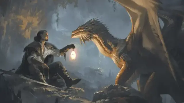 Official DnD artwork from "Dragon Delves," featuring a lone adventurer holding a lantern and talking to a small copper dragon.