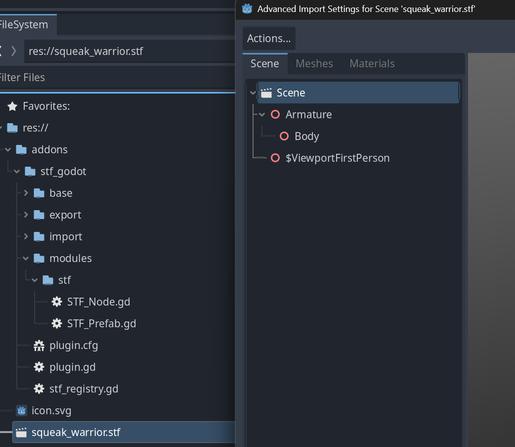 Godot editor showing import options for an STF asset.