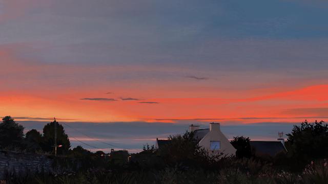 Digital painting of a sunset scene: a few houses surrounded by vegetation, a stone wall and a few street lamps.  The sky is blue with bright orange light gathered in its lower tier. Some long, blue-grey clouds line the horizon.