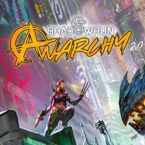 A dynamic illustration features a cyberpunk character with short, vibrant hair and metallic claws, standing confidently on a rooftop amidst a neon-lit cityscape. To the right, a large, menacing dragon with vivid scales and glowing eyes looms, adding a fantastical element to the scene. The title "SHADOWRUN ANARCHY 2.0" is prominently displayed in bold, stylized lettering at the top, emphasizing the game's rebellious theme.