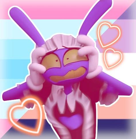 Digital collage of a worried Jax in his maid outfit, from The Amazing Digital Circus episode 5, with neon-yellow hearts around him. Behind, split in half, is the transmasc flag (the version with two stripes of pink and various hues of blue) and a variation of the biromantic flag (with three shades of purple, a white stripe in the middle and a yellow stripe).