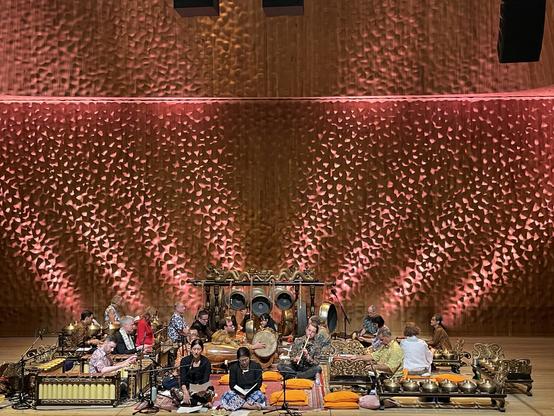 Ein Orchester im kleinen Saal der Elbphilharmonie mit rot beleuchtetem Hintergrund.