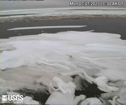 View from a USGS coastal observing camera located in Nuvuk (Point Barrow), Alaska. The images are used to support research and to monitor coastal conditions including sea state and wave dynamics. The camera network includes locations on the Pacific and the Atlantic Ocean and from Alaska to the Gulf Coast. The colors of this image are muted - mainly whites, greys, and tans.