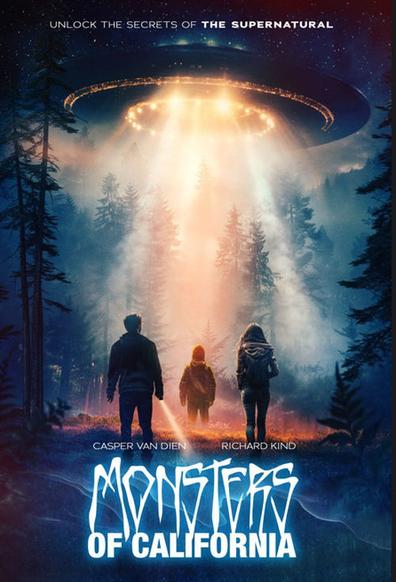 Movie poster for Monsters of California, showing a grouo standing in woods, with their backs to us, illuminated by a UFO hovering over them