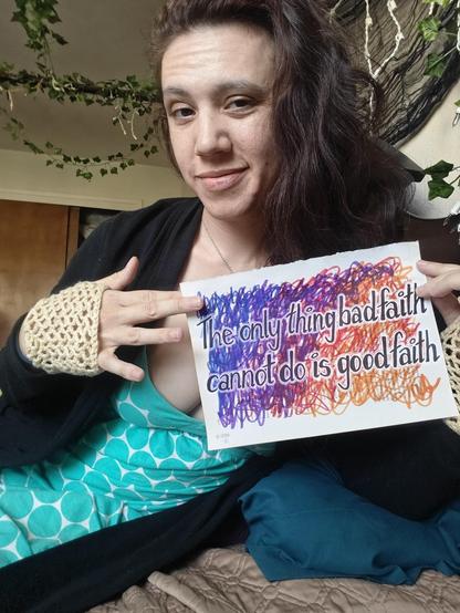 its me, holding the drawing i did today, description of the drawing in next image alt. im sitting in my room which is decorated with deep green ivy vines & twinkle lights, which are not lit in this photo. im raising my eyebrow and looking deeply/significantly into your eyes. my dark brown curls cascade flatteringly over one shoulder, like srsly i look fantastic today 🥰 also im wearing pale yellow fingerless gloves that i crocheted myself 🏆