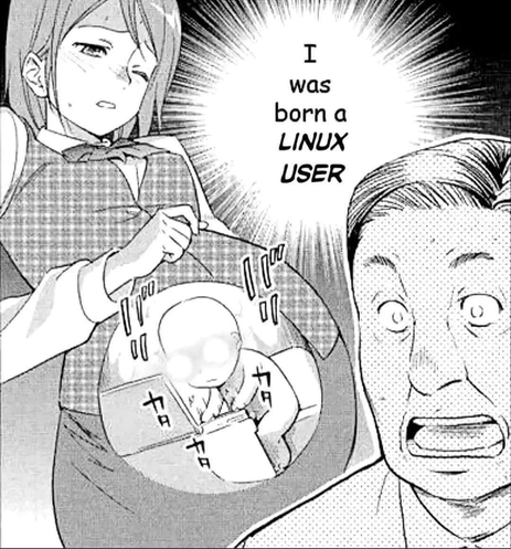 atrocious manga strip with a baby hacking away at a laptop inside a pregnant woman's belly. There's text in English stating "I was born a LINUX USER"