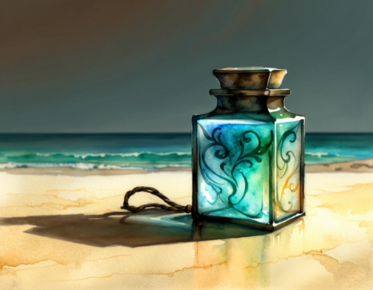 Ornate square bottle, with translucent glass panels, swirling organic designs, and a bronze stopper casts a long shadow on the wet sand of a sunlit beach, contrasting with a background of storm clouds over a brooding ocean. Watercolor style.