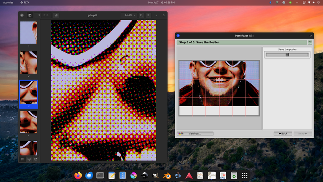 Screenshot of a newsprint grin and the program Posterazor.