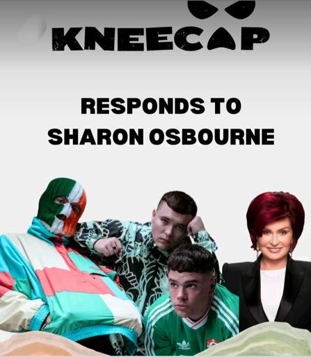 A title card picturing the Irish band Kneecap, and Sharon Osbourne.

Text reads:

Kneecap
responds to
Sharon Osbourne