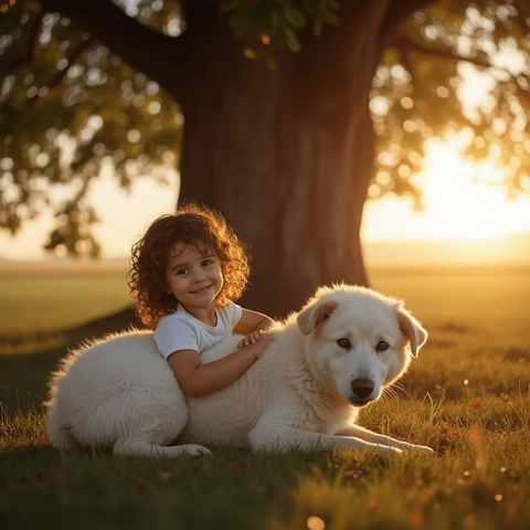 Hug Under the Tree
“A young girl with curly hair hugging a large white sheepdog under an old oak tree at golden hour, light streaming through branches, long shadows on the grass, gentle smiles, warm nostalgic tones, dreamy painterly style, soft wind-blown leaves in the air”