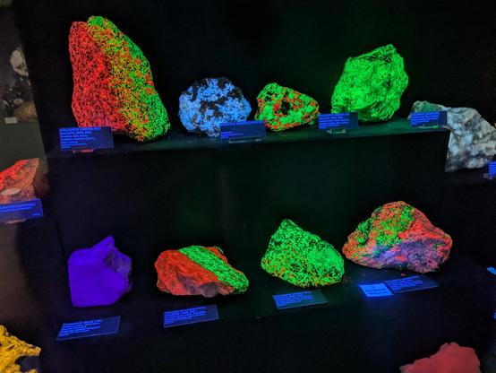 Glowing rocks of willemite and other minerals under a UV light, in florescent reds, greens, blues, and purples.  Several sample labels say they are from the Franklin Zinc mine in New Jersey.