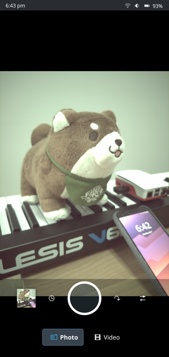 A screenshot of Plasma Camera in its photo UI, with the viewfinder showing a plushie dog doll on a piano keyboard.