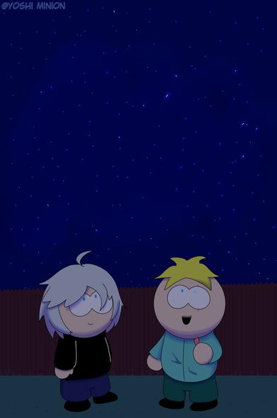 New Kid and Butters looking up at the night sky together. Butters is holding onto some tanzaku paper with his wish.

Pretend that there's some branches somewhere with strips of paper tied to them somewhere off screen.