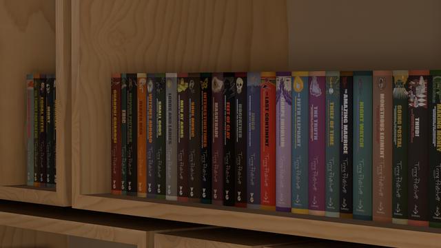 A screenshot from VRChat showing a modern, realistically lit bookshelf filled with books. This is a close-up zooming in on a stack of Discworld novels, recent editions by Gollancz and Doubleday, showing cover spines accurate to their printed editions.